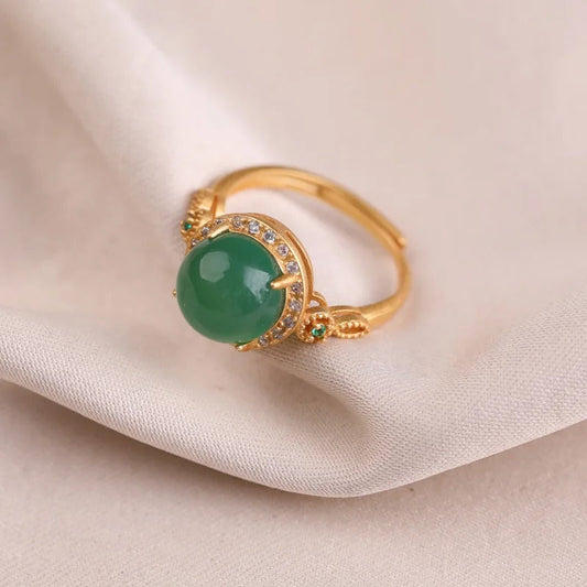 Vintage Gold Green Gemstone & Shiny Crystal Adjustable Ring-Lydieannejewelry