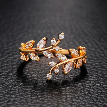 Gold Sparkling Leaf Branch Adjustable Ring-Lydieannejewelry