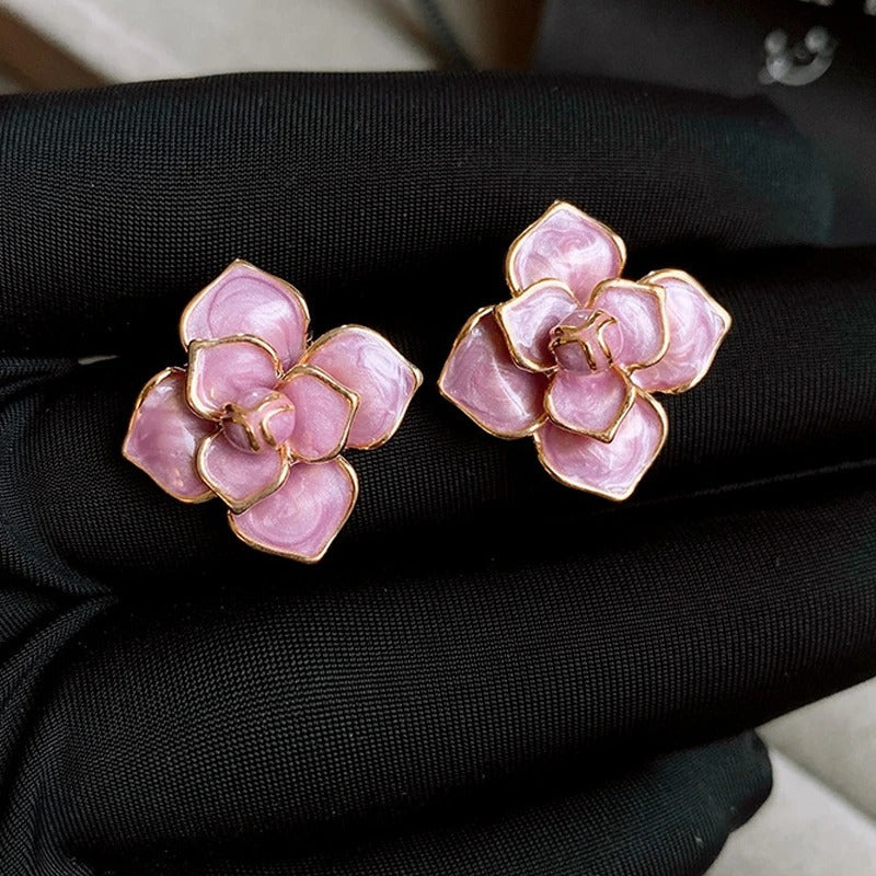 Gold Purple Enamel Flower Stud Earrings-Lydieannejewelry