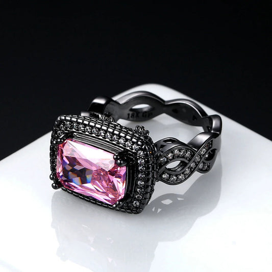 Pink Gemstone & Intricate Black Gold Band Ring-Lydieannejewelry