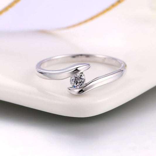 Silver Curved Band & Brilliant Center Diamond Ring-Lydieannejewelry