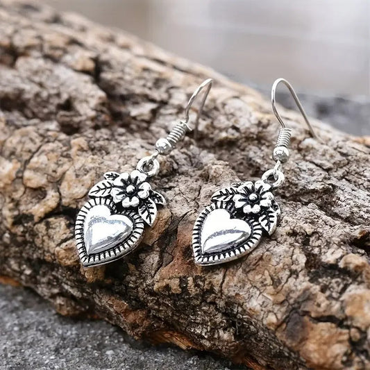 Vintage Silver Floral Heart Earrings-Lydieannejewelry