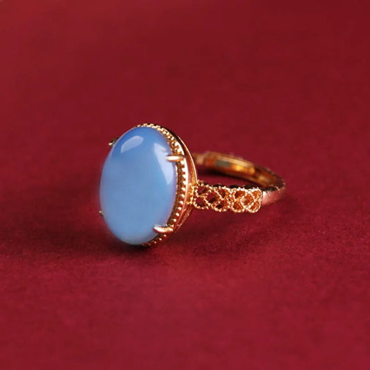 Vintage Gold Light Blue Oval Gemstone Adjustable Ring-Lydieannejewelry
