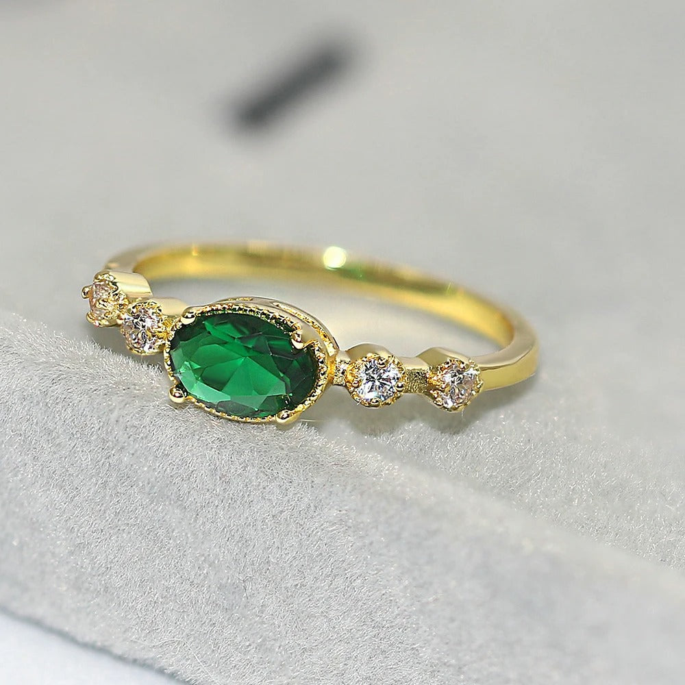 Vintage Gold Green Oval Gemstone & Sparkling Side Ring-Lydieannejewelry