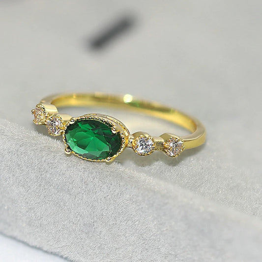 Vintage Gold Green Oval Gemstone & Sparkling Side Ring-Lydieannejewelry