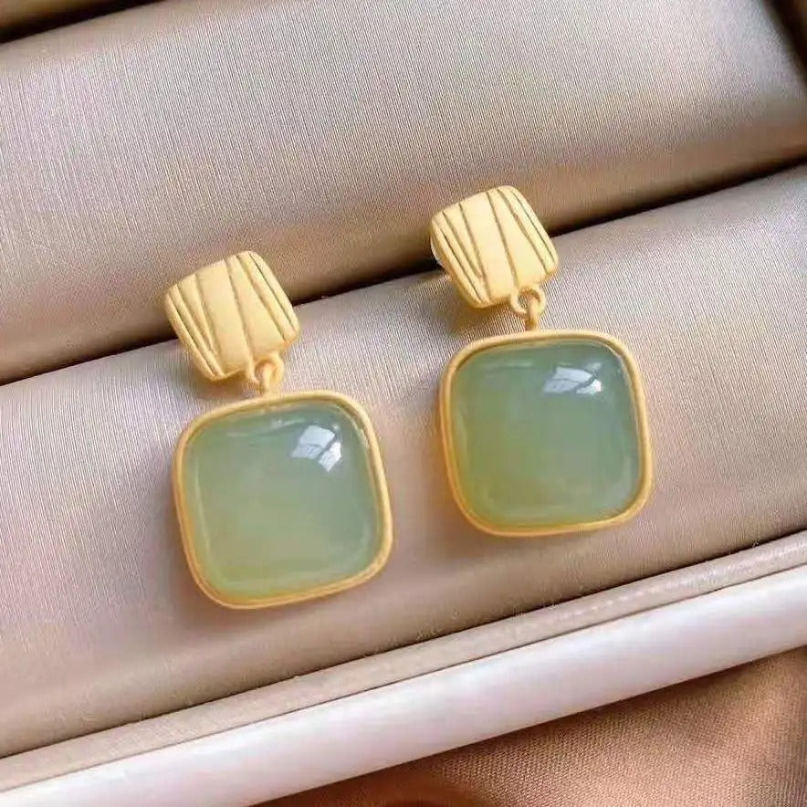 Gold Square Green Gemstone Earrings-Lydieannejewelry