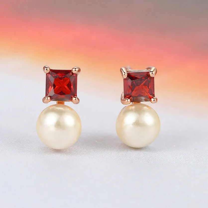 Classic Red Stone & Pearl Rose Gold Retro Charm Earrings-Lydieannejewelry