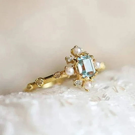 Vintage Sky Blue Gem Pearl Ring-Lydieannejewelry