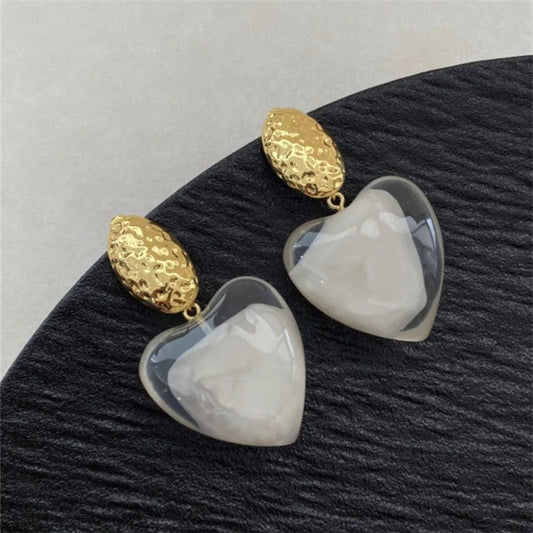 Classic Gold Heart-Cut Clear Resin & Textured Top Earrings-Lydieannejewelry