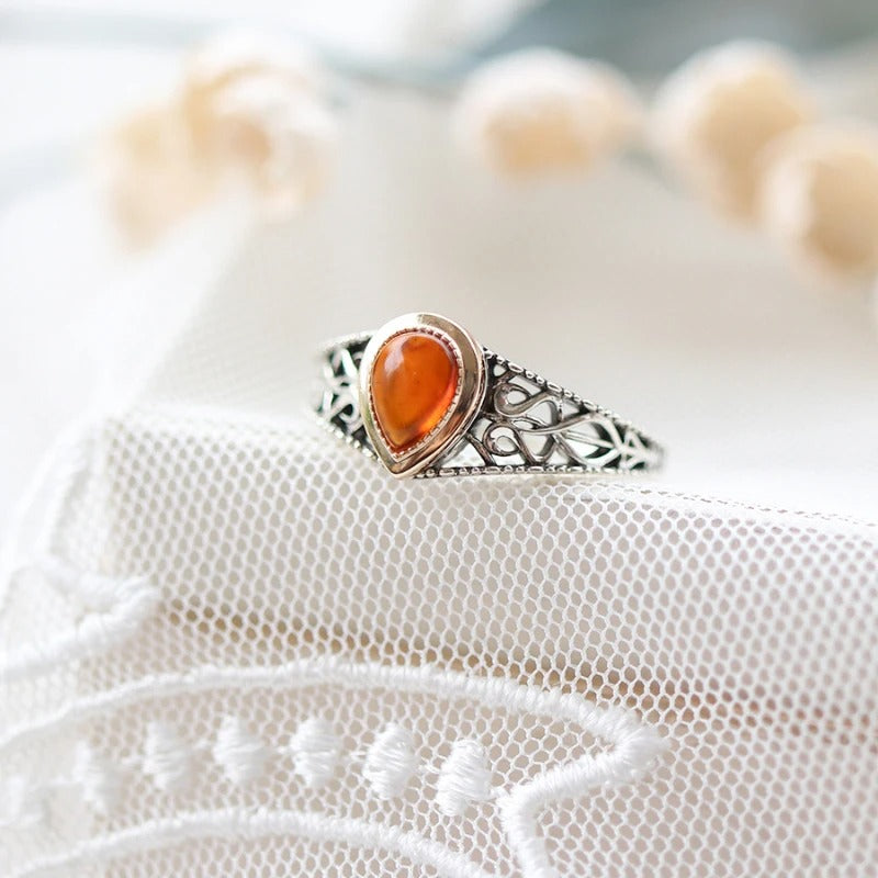 Vintage Silver Carved Flower Teardrop Adjustable Ring-Lydieannejewelry