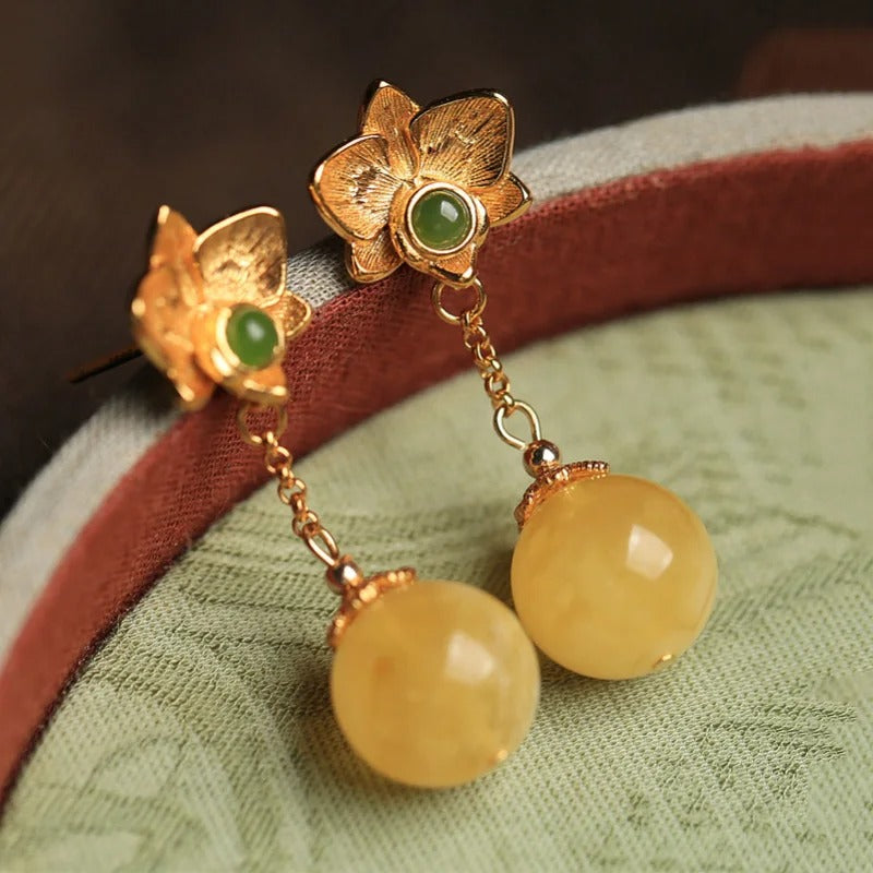 Vintage Gold Yellow Ball Gemstones & Green Floral Earrings-Lydieannejewelry