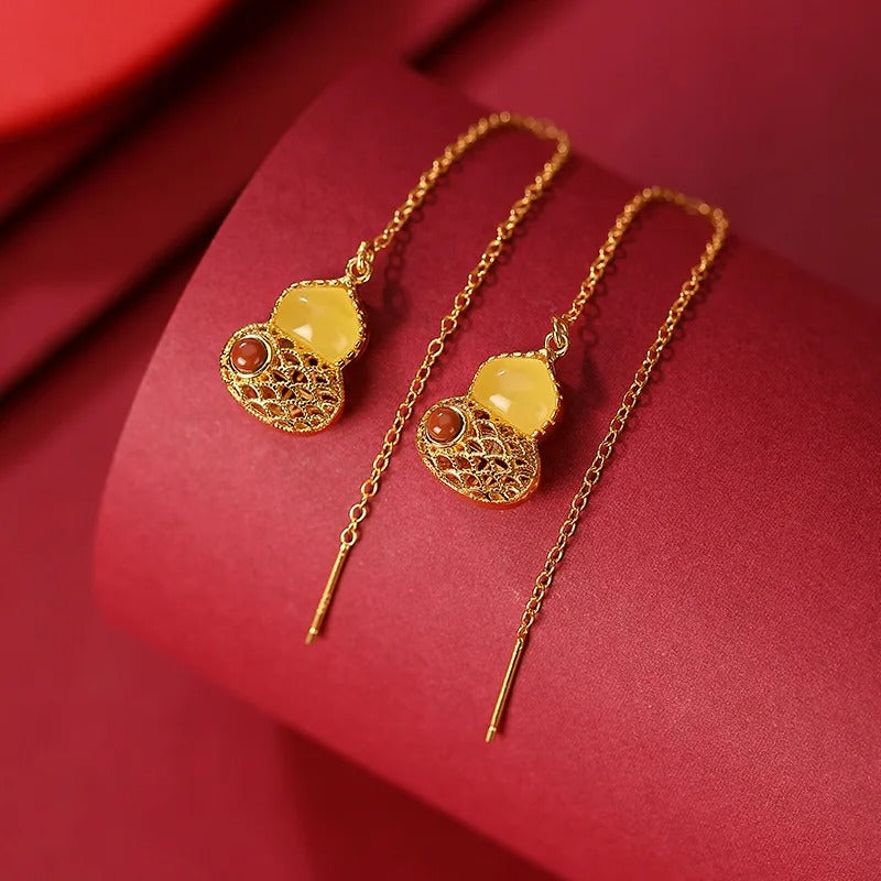 Vintage Gold & Yellow Teardrop Gourd Fringed Earrings-Lydieannejewelry