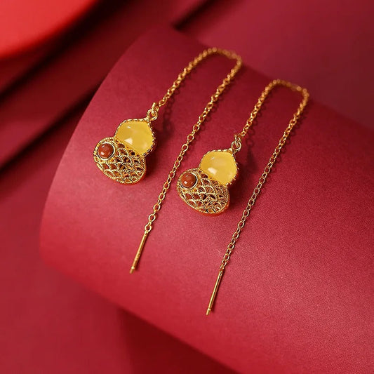 Vintage Gold & Yellow Teardrop Gourd Fringed Earrings-Lydieannejewelry