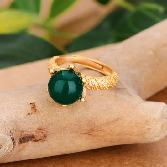 Vintage Gold Natural Green Bead Crown Adjustable Ring-Lydieannejewelry