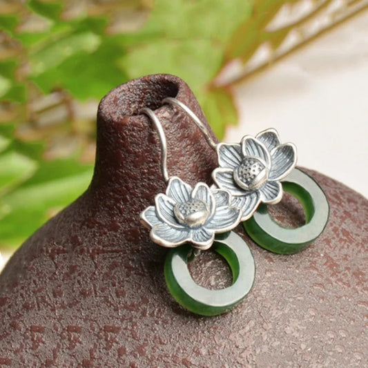 Classic Silver & Green Jade Flower Drop Earrings-Lydieannejewelry