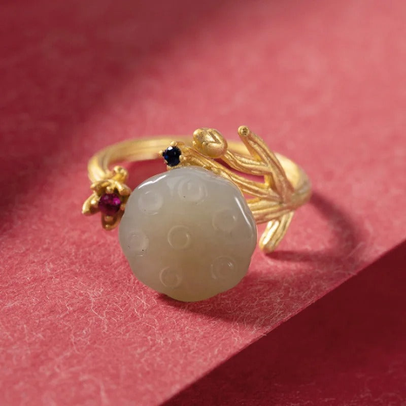 Vintage Gold Carved Green Stone & Floral Accent Adjustable Ring-Lydieannejewelry