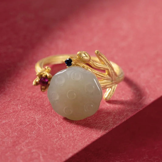 Vintage Gold Carved Green Stone & Floral Accent Adjustable Ring-Lydieannejewelry