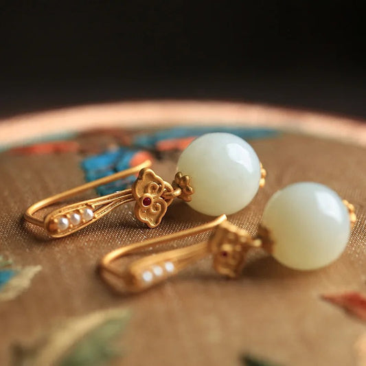 Vintage Gold White Inlaid Pearl Floral Design Earrings-Lydieannejewelry