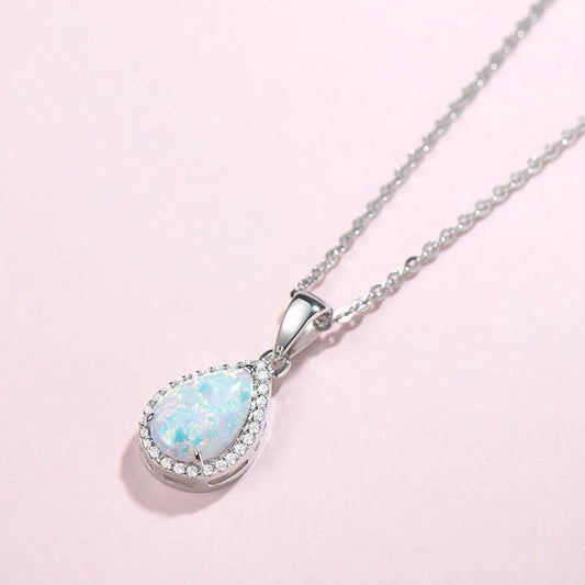 Silver Pear Opal Pendant Necklace-Lydieannejewelry