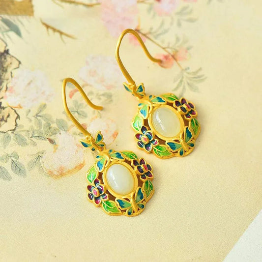 Vintage Gold & Green Floral White Gemstone Drop Earrings-Lydieannejewelry