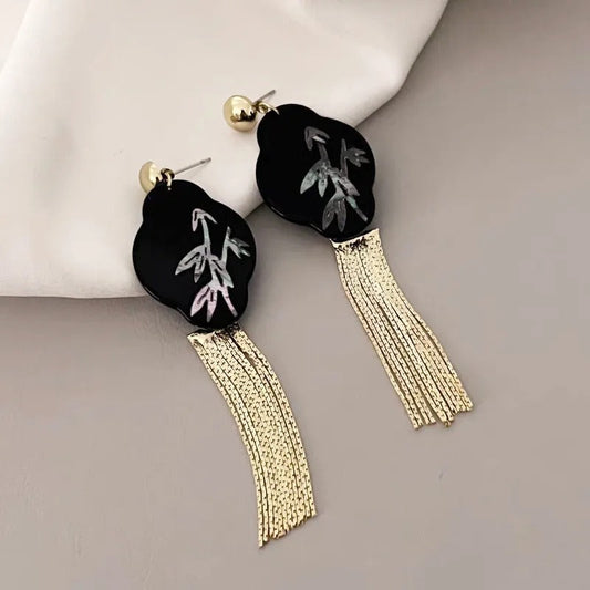 Vintage Black & Gold Tassel Bamboo Dangle Earrings-Lydieannejewelry