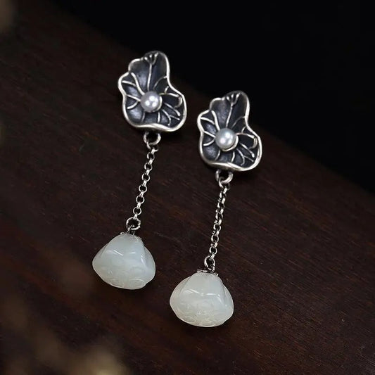 Classic Silver & White Jade Lotus Leaf Pearl Earrings-Lydieannejewelry