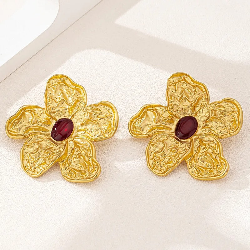 Classic Gold Flower Oval Red Stone Earrings-Lydieannejewelry