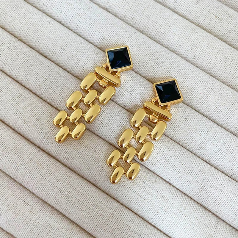 Vintage Gold Long Tassel Black Crystal Stud Earrings-Lydieannejewelry