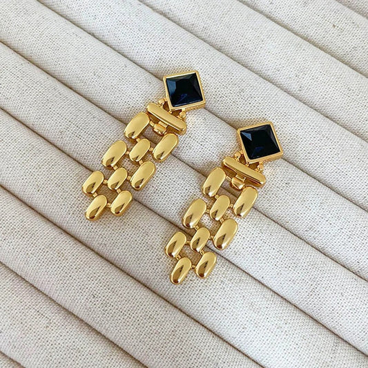Vintage Gold Long Tassel Black Crystal Stud Earrings-Lydieannejewelry