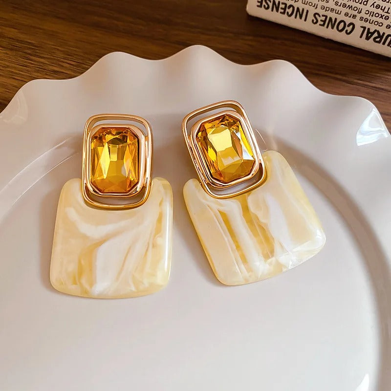 Timeless Gold Rectangular Yellow Gemstone & Marble Effect Earrings-Lydieannejewelry