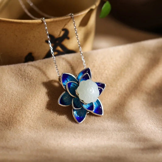 Vintage Blue Lotus Floral Pendant Necklace-Lydieannejewelry