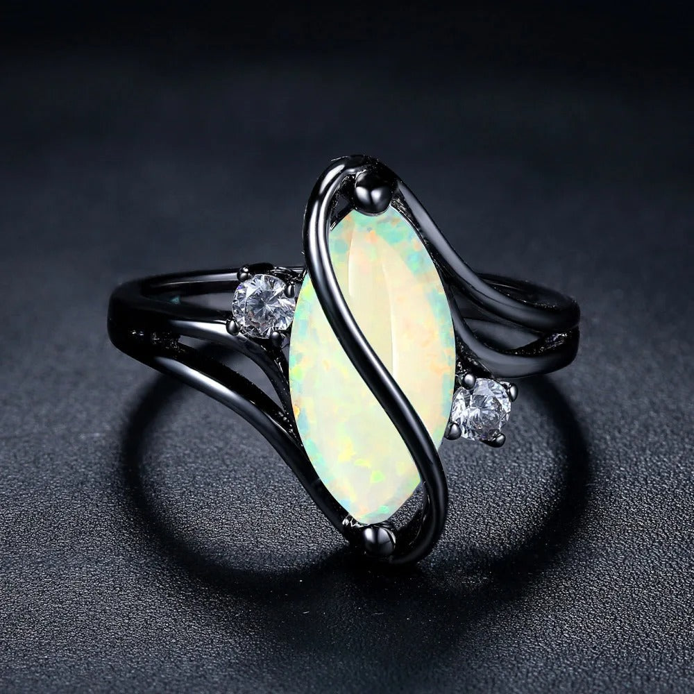 Vintage Black Silver Opal & Crystal Accent Ring-Lydieannejewelry