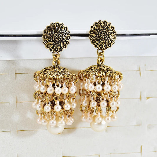 Handmade Gold Pearl Bead Tassel Earrings-Lydieannejewelry