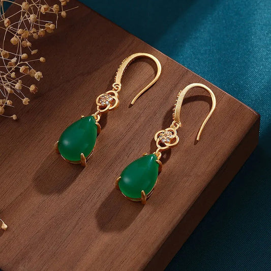 Classic Gold & Natural Green Chalcedony Earrings-Lydieannejewelry