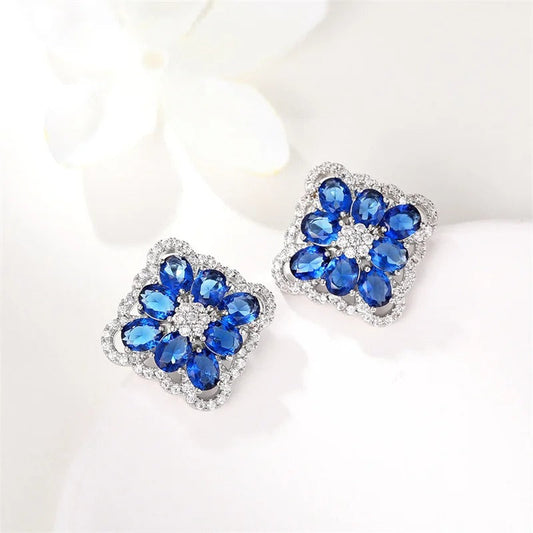 Silver Blue Crystal Stud Earrings-Lydieannejewelry
