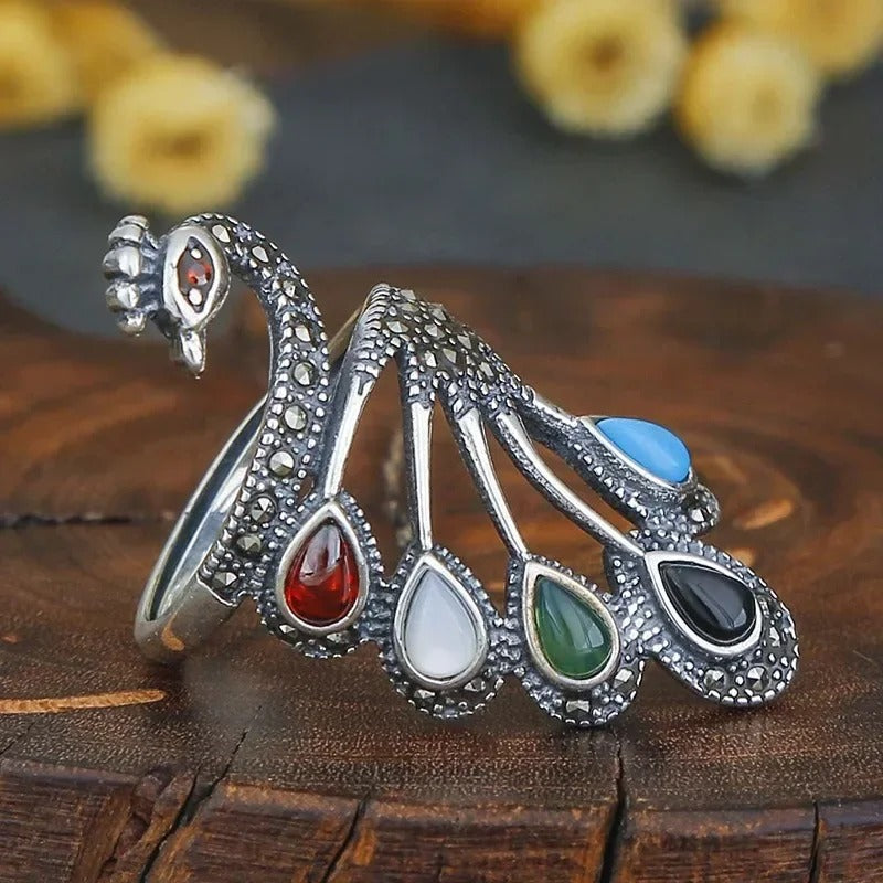 Ethnic Silver Multicolor Gemstone Gorgeous Peacock Ring-Lydieannejewelry