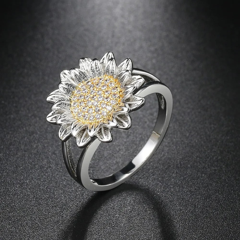 Vintage Floral Sunflower Silver Ring-Lydieannejewelry