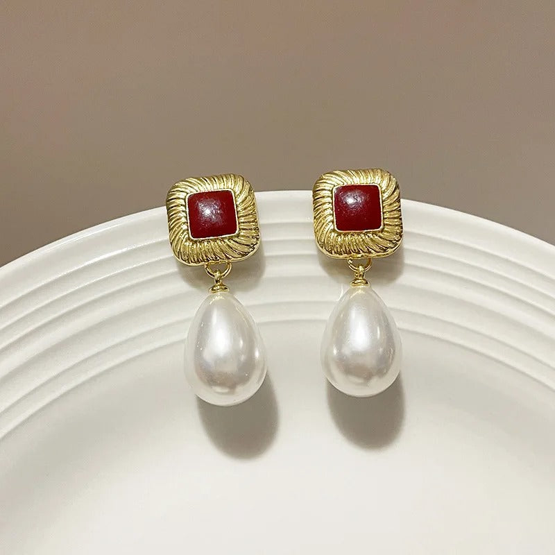 Vintage Gold Square Red Stone & Pearl Dangle Earrings-Lydieannejewelry