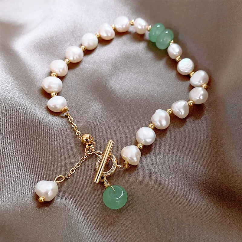 Vintage Pearl & Gold Green Gem Bracelet-Lydieannejewelry