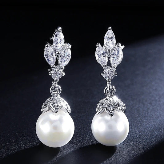 Vintage Silver Floral Pearl Drop Earrings-Lydieannejewelry