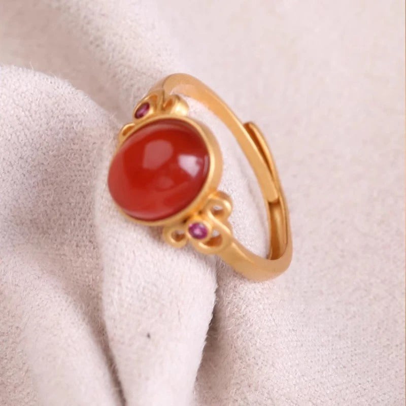 Vintage Gold Inlaid Natural Red Carnelian Oval Adjustable Ring-Lydieannejewelry