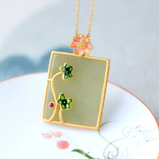 Vintage Green Blossom Gold Framed Leaf Necklace-Lydieannejewelry