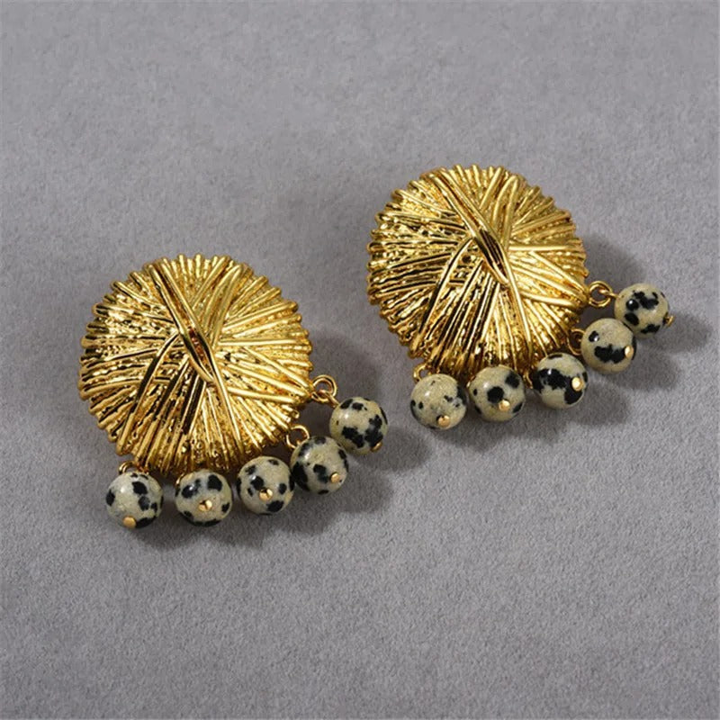 Retro Gold Dalmatian Stone Dangle Earrings-Lydieannejewelry
