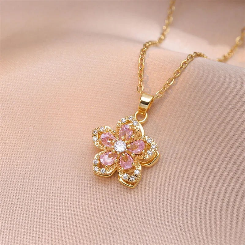 Gold Pink Crystal Flower Necklace-Lydieannejewelry