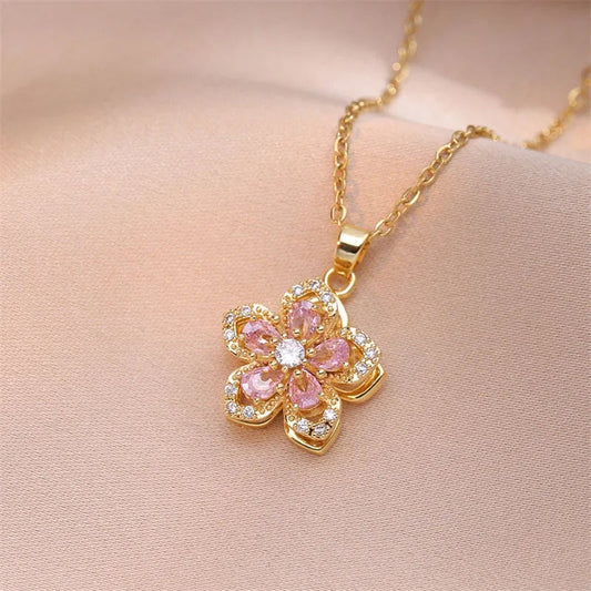 Gold Pink Crystal Flower Necklace-Lydieannejewelry