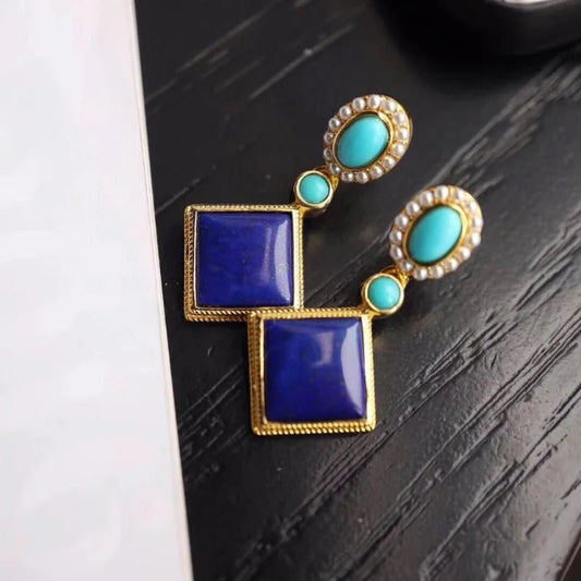 Retro Gold & Lapis Square Blue Gemstone Dangle Earrings-Lydieannejewelry
