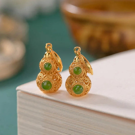 Vintage Gold & Green Gemstone Gourd Drop Earrings-Lydieannejewelry