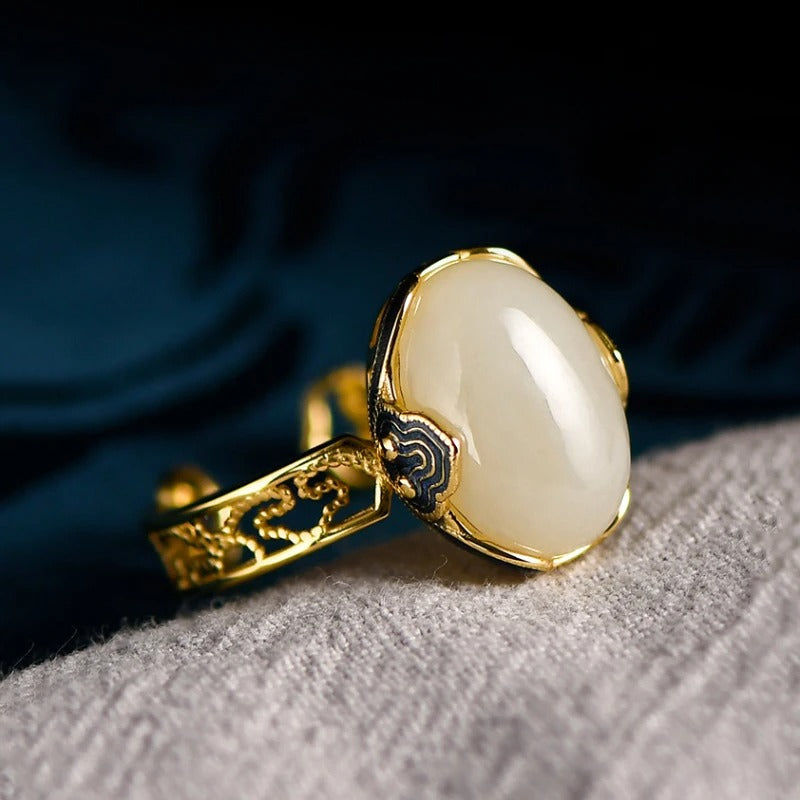 Classic Gold White Gemstone Jade Oval Adjustable Ring-Lydieannejewelry
