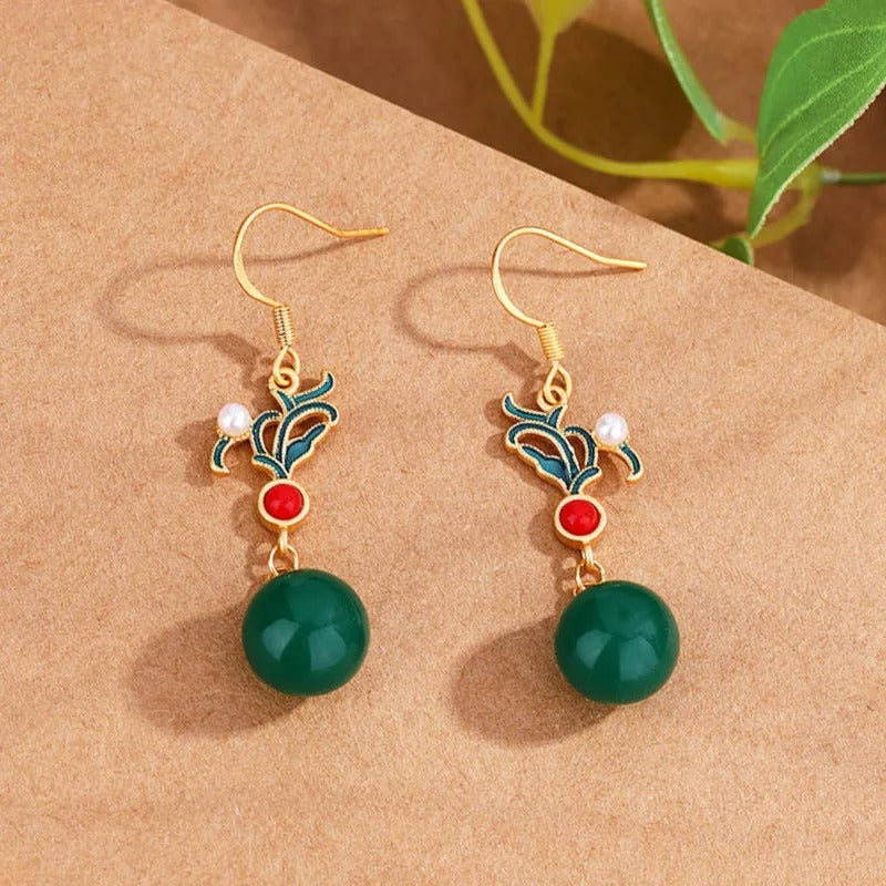 Retro Gold & Green Pearl Red Bead Drop Earrings-Lydieannejewelry