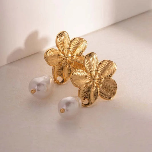 Gold Plated Flower Pearlescent Drop Earrings-Lydieannejewelry